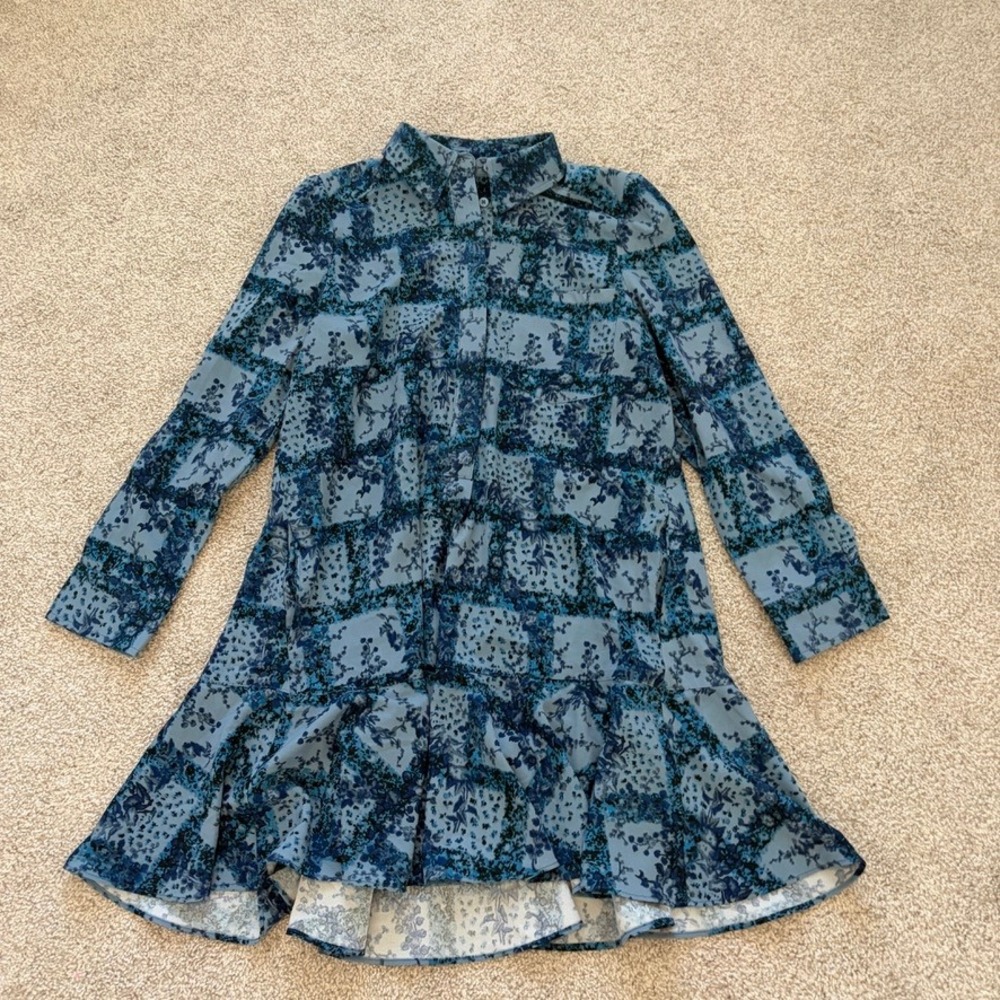 Tuckernuck Callahan Shirt Dress Womens S Blue Trellis Vine Crepe Long Sleeve